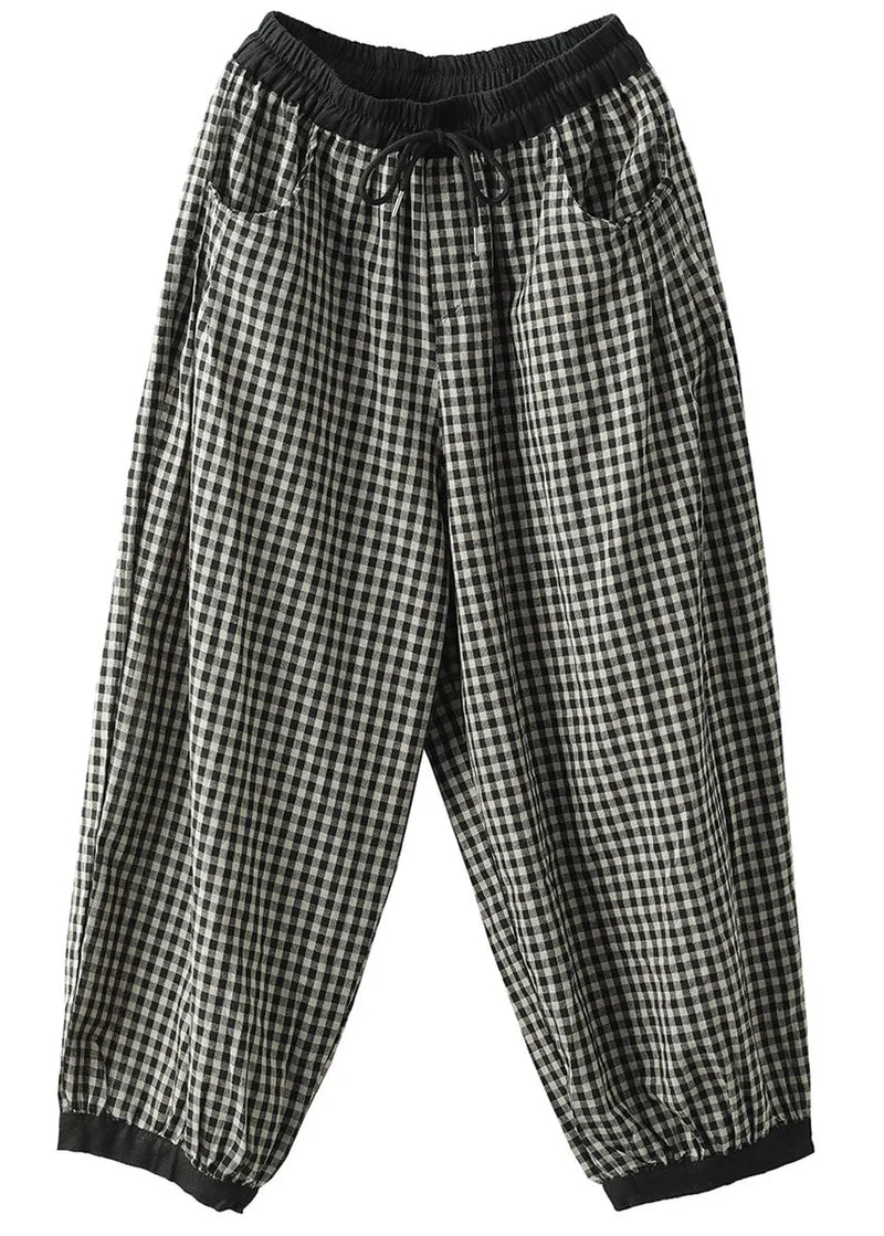 Black Plaid Elastic Waist Harem Pants Summer