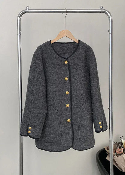 Grey O-neck Button Woolen Jackets Spring