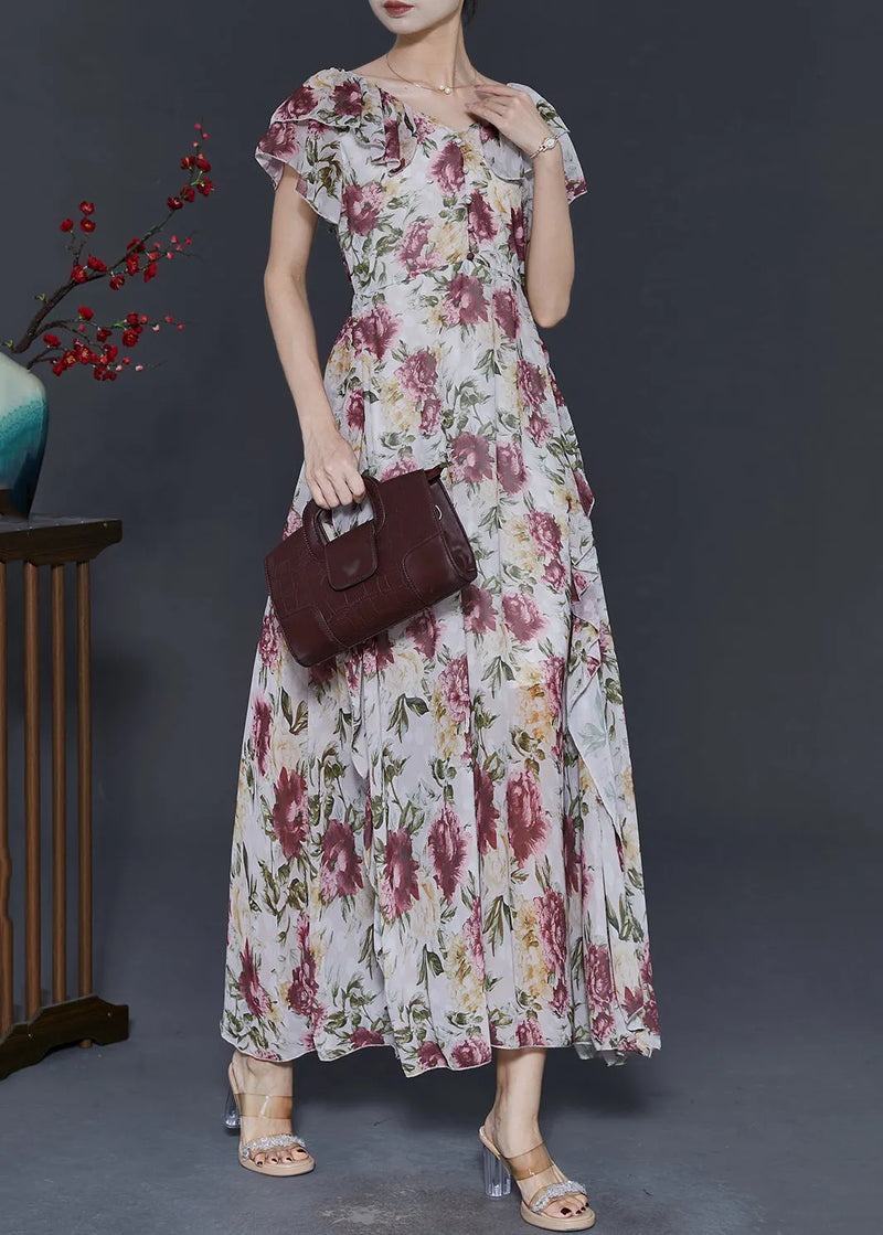 Diy Apricot Ruffled Print Chiffon Dresses Summer