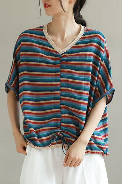 Summer Cotton T-shirt Short Sleeve Striped Tops