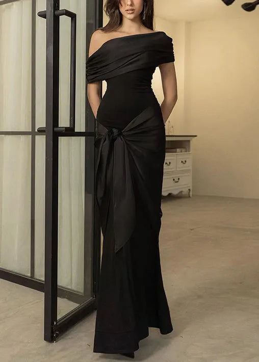 Black Asymmetrical High Waist Cotton Long Dresses Summer