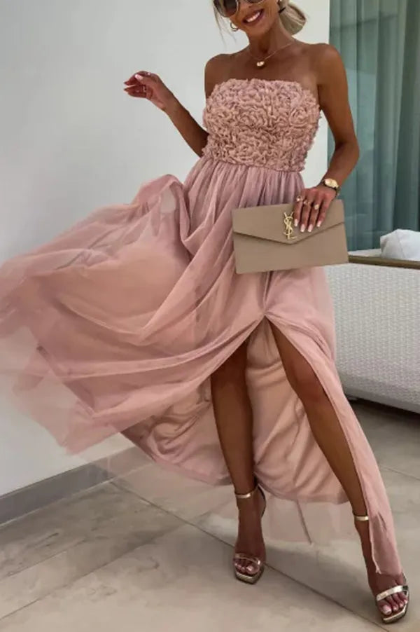 Romance and Lightness Tulle Texture Pleated Patchwork Strapless Slit Maxi Dress