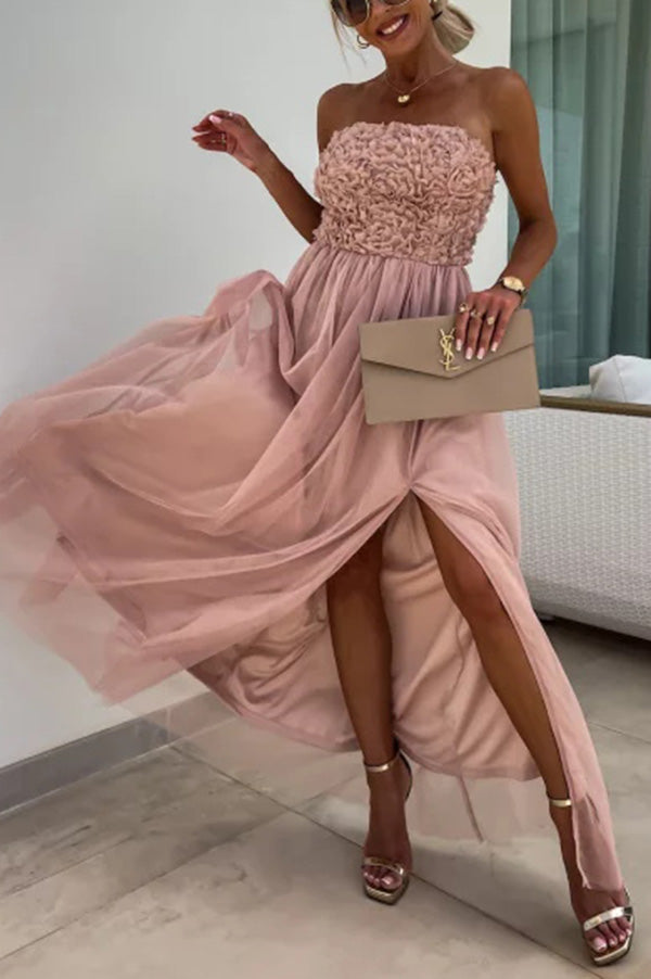 Romance and Lightness Tulle Texture Pleated Patchwork Strapless Slit Maxi Dress