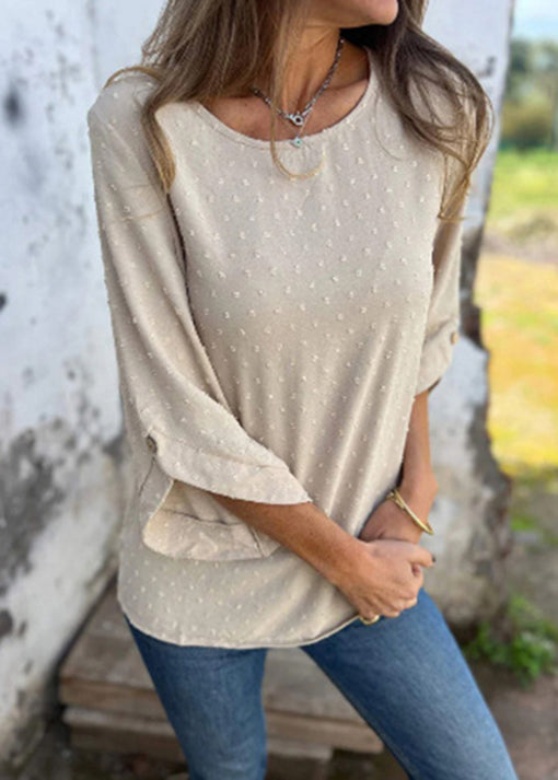 Apricot O Neck Jacquard Cotton Tops Bracelet Sleeve