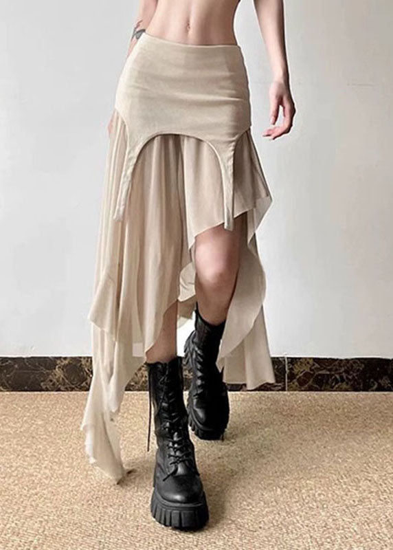 Khaki Asymmetrical Tulle Patchwork High Waist Maxi Skirts