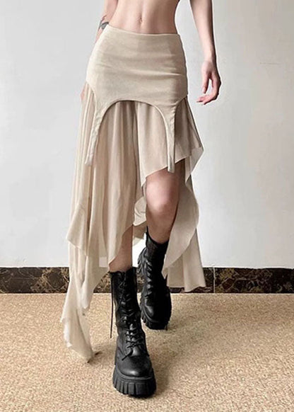 Khaki Asymmetrical Tulle Patchwork High Waist Maxi Skirts