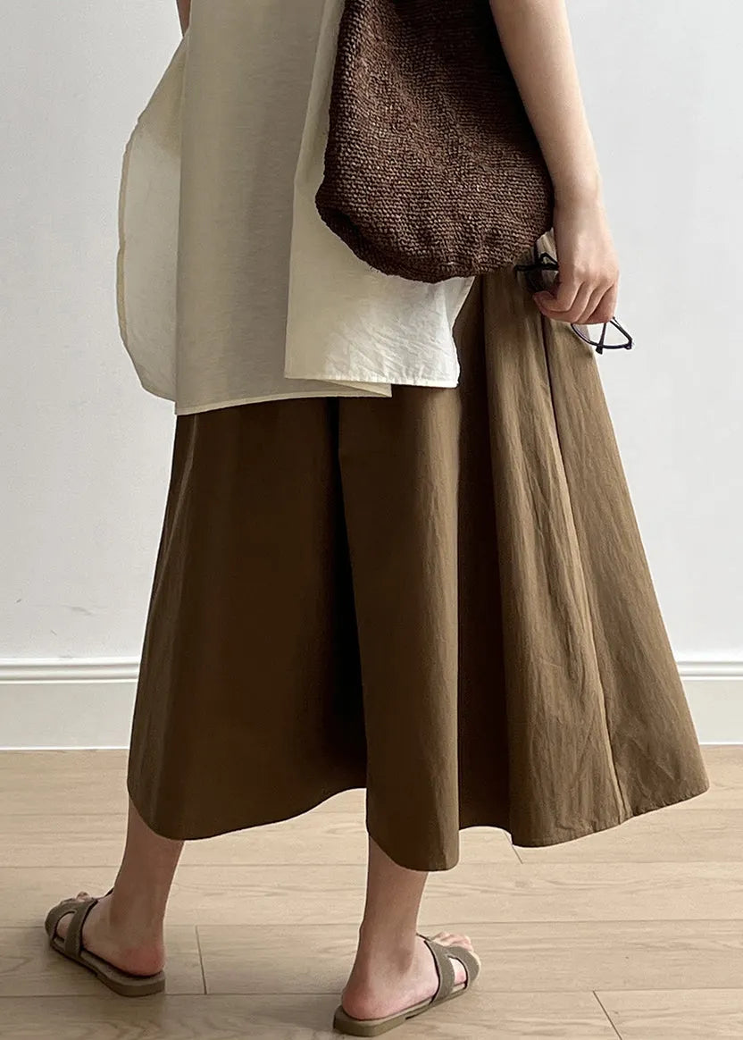 Brown Pockets Elastic Waist Cotton Crop Wide Leg Pants Summer