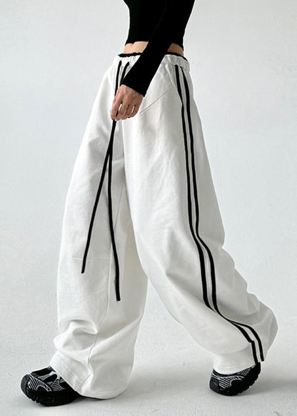 Loose Black Pockets Patchwork Drawstring Wide Leg Pants Spring