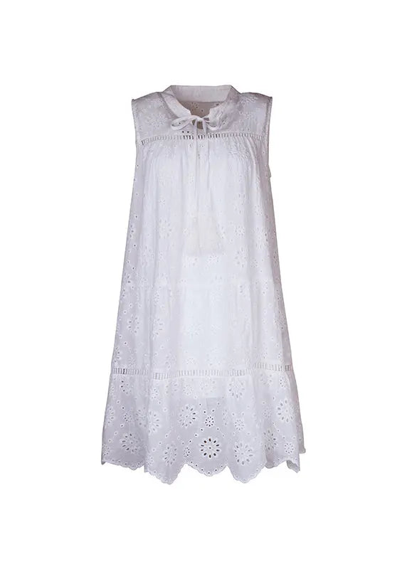 Brief White Stand Collar Hollow Out Mid Dress Summer