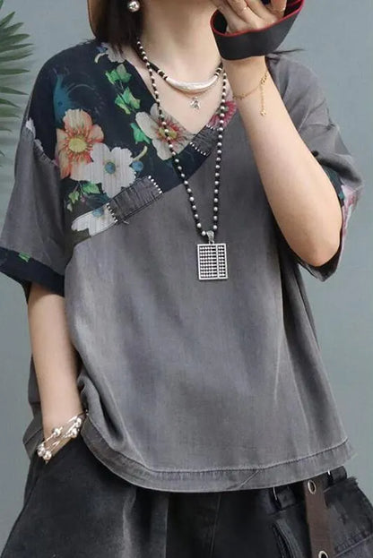 Denim Cotton Linen Stitching V Neck T-shirt
