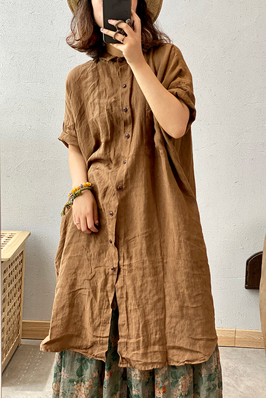 Summer Linen Shirt Dress Short Sleeve Cardigan Dress