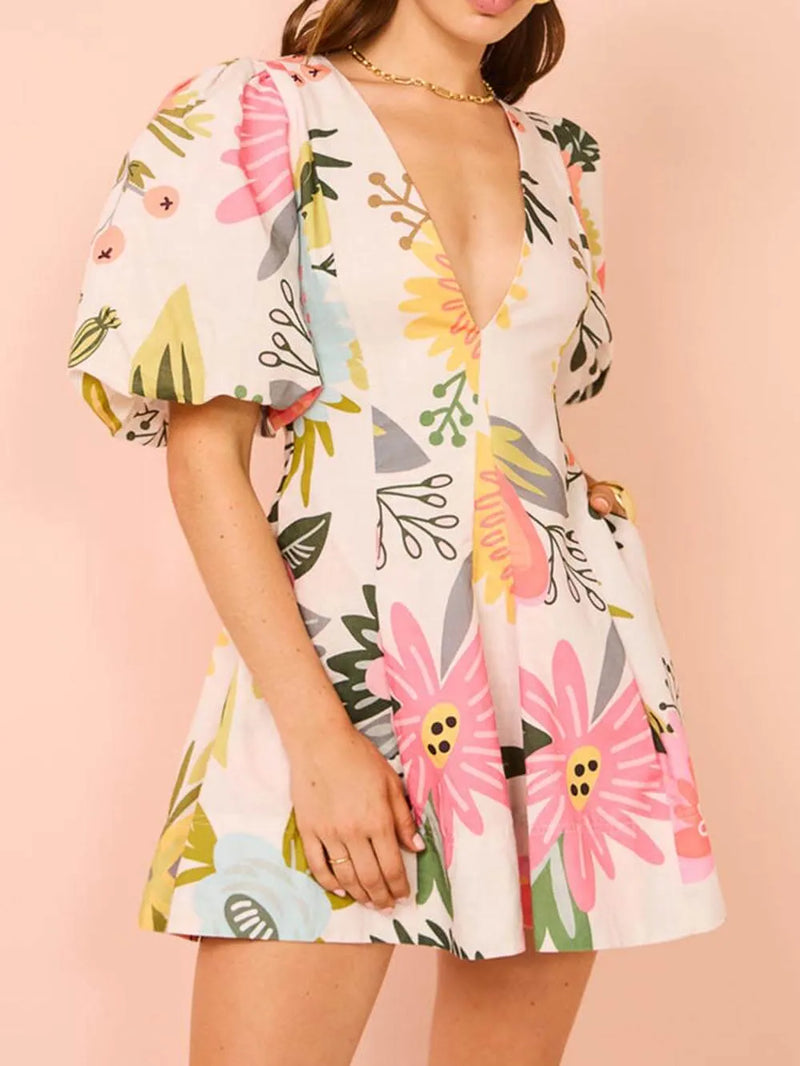 Puff Sleeve Print Pocketed Mini Dress