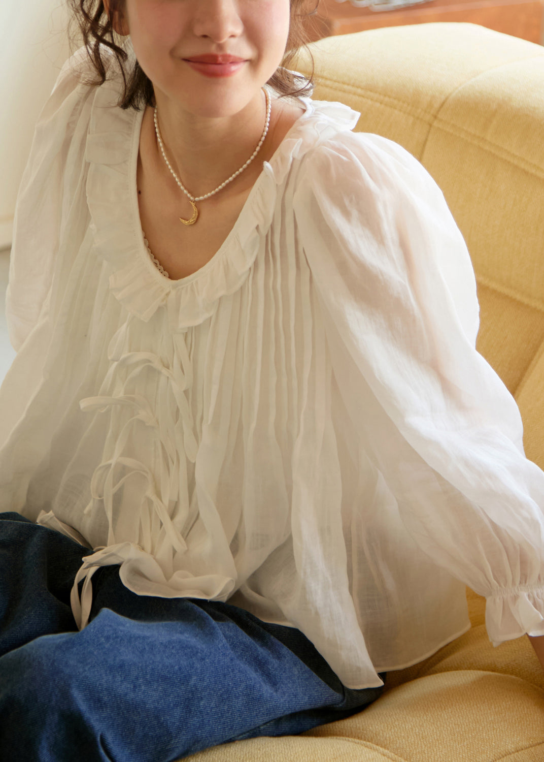 White Ruffled Patchwork Linen Shirts Lantern Sleeve
