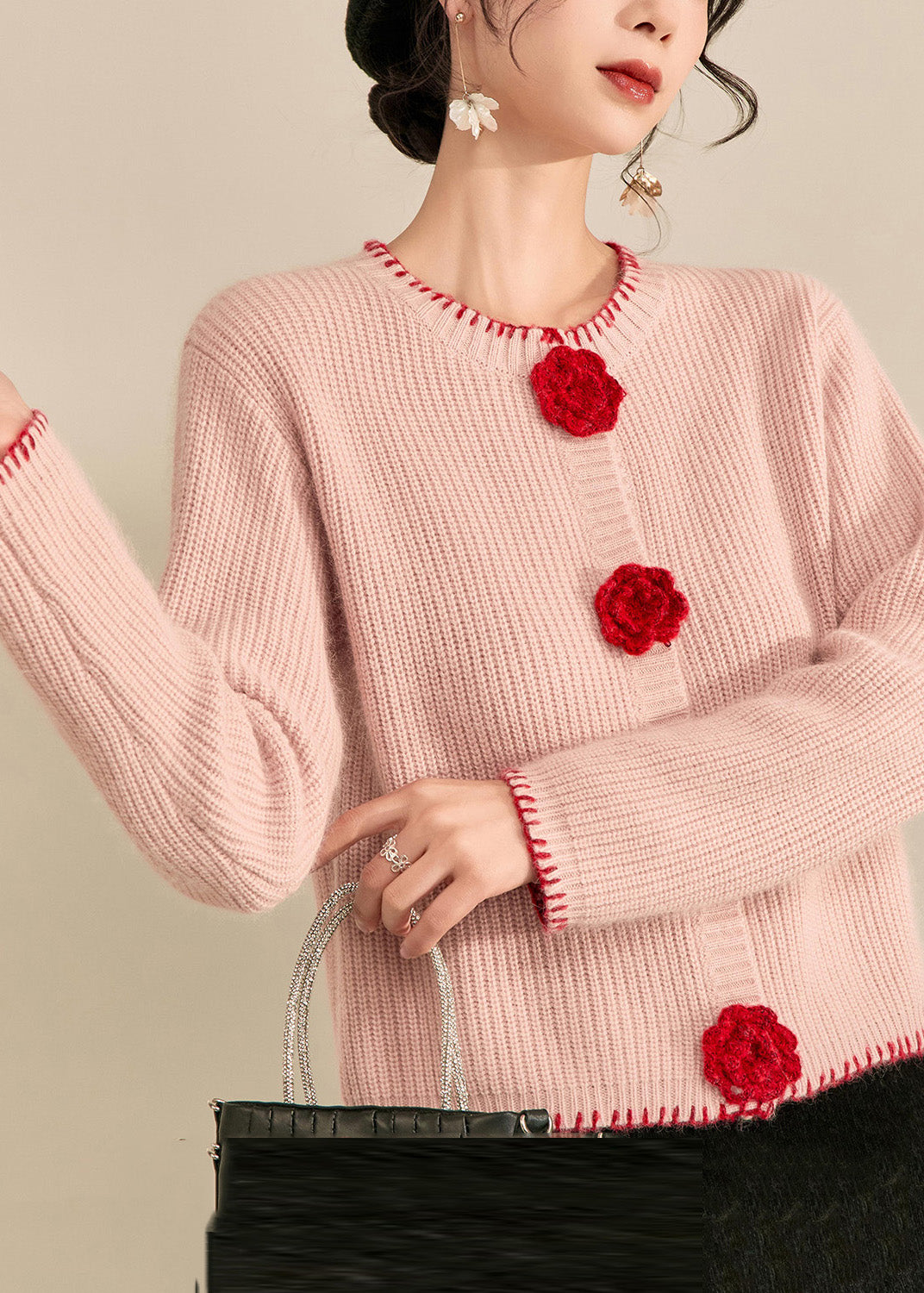 Art Pink Patchwork Button Cotton Knit Cardigan Fall