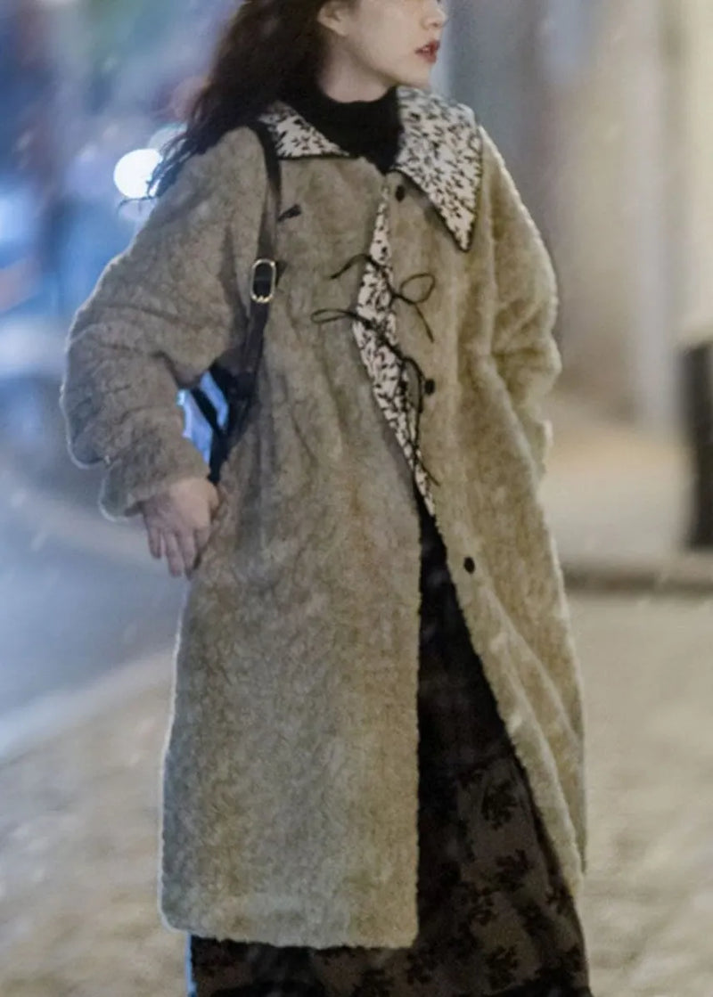 Moss Green Peter Pan Collar Pockets Patchwork Faux Fur Long Coats Winter