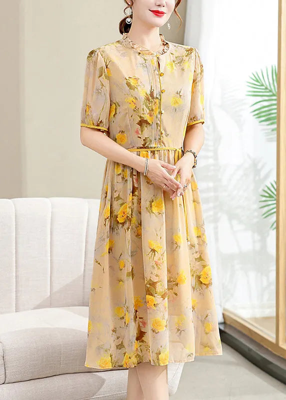 Yellow Ruffled Print Lace Up Chiffon Dresses Summer