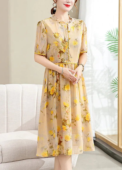 Yellow Ruffled Print Lace Up Chiffon Dresses Summer