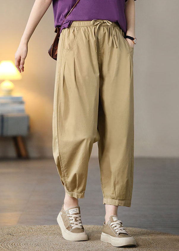 Khaki Pockets Cotton Crop Pants High Waist Spring