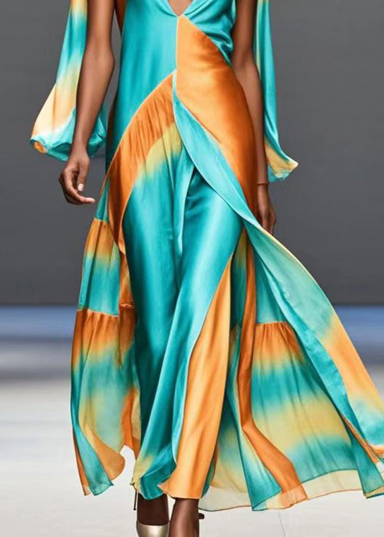 Green Deep-v Neck Patchwork Silk Maxi Dresses Butterfly Sleeve