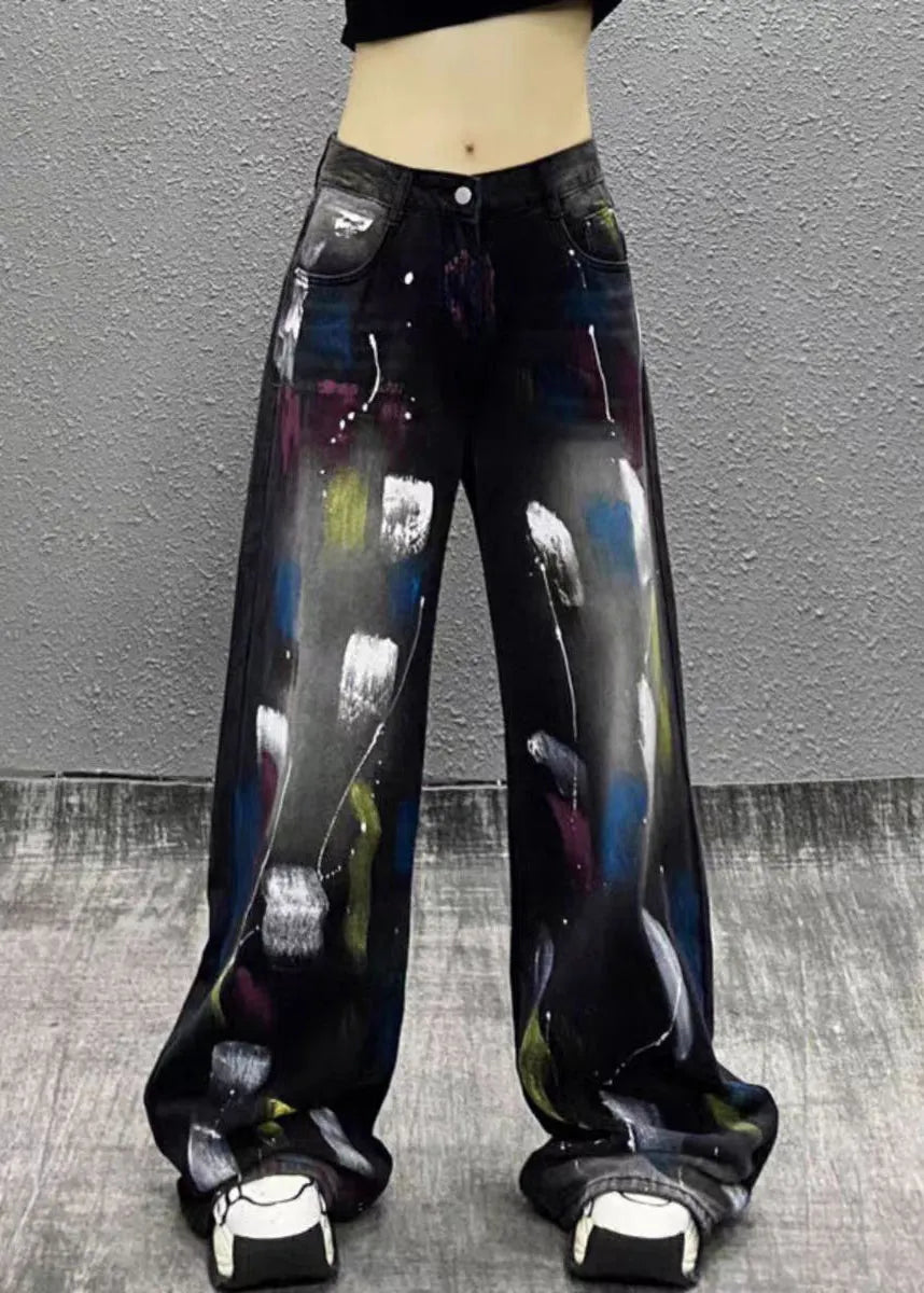 Stylish Black Graffiti High Waist Denim Wide Leg Pants Fall