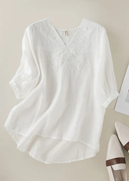 Diy Orange V Neck Embroidered Low High Design Linen Top Half Sleeve