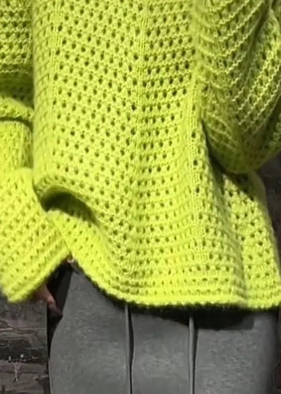 Vogue Green O-neck Hollow Out Cotton Knit Sweater Fall