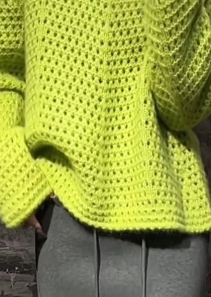 Vogue Green O-neck Hollow Out Cotton Knit Sweater Fall
