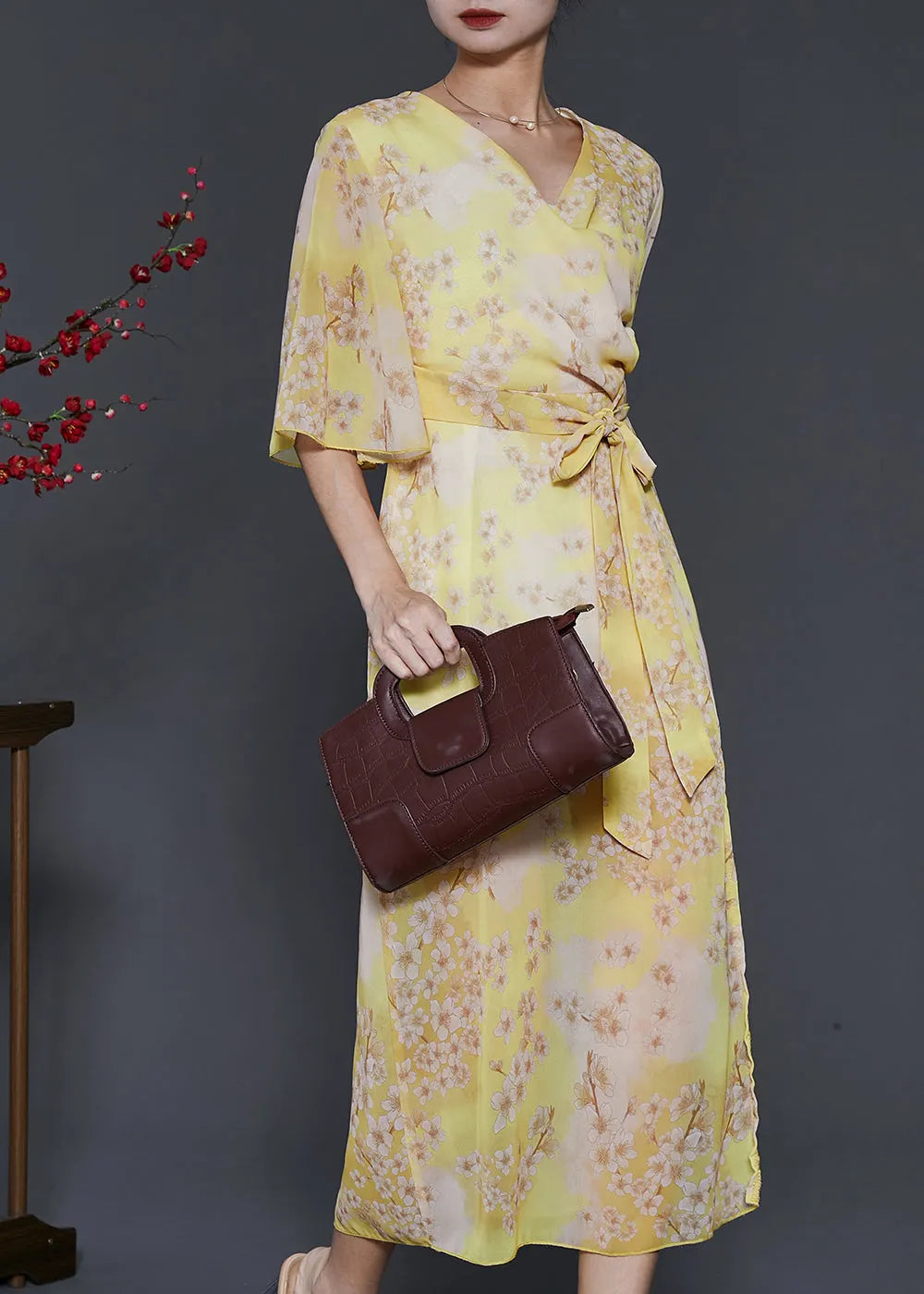 Silm Fit Yellow Print Side Open Chiffon Holiday Dresses Summer
