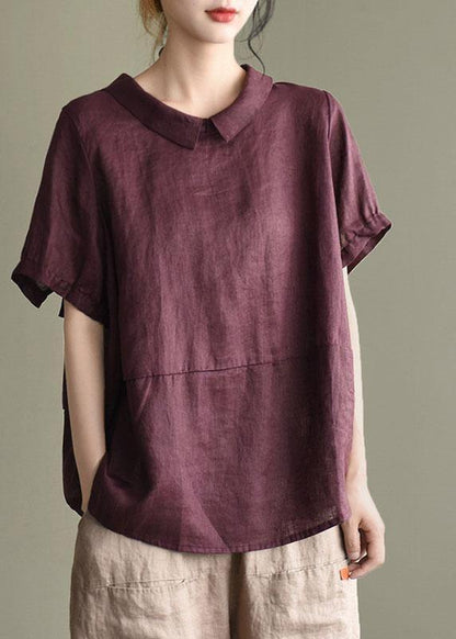 Simple Print4 Peter Pan Collar Patchwork Summer Linen Blouses