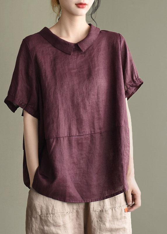Simple Print2 Peter Pan Collar Patchwork Summer Linen Blouses