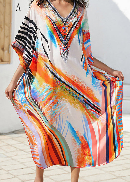 V Neck Print Side Open Cotton Long Dresses Summer