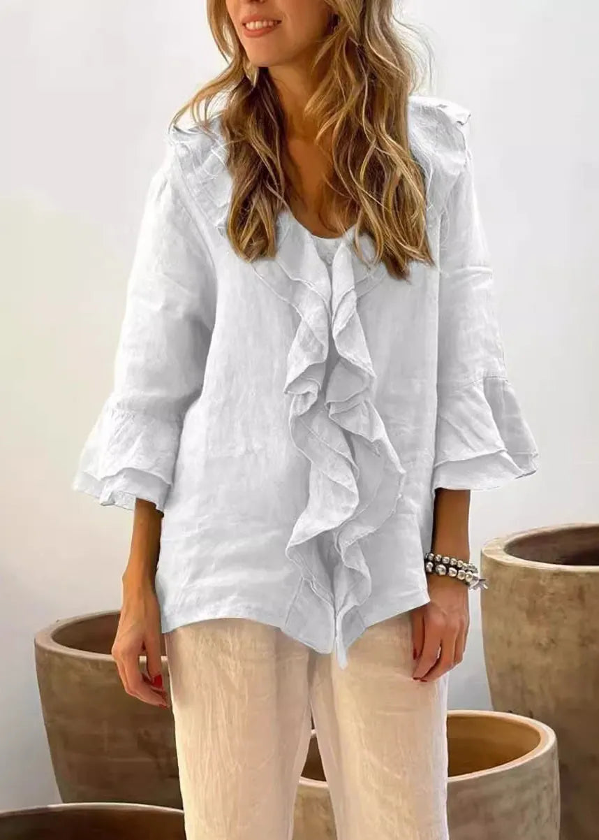 Blue V Neck Ruffled Patchwork Cotton Shirt Tops Spring