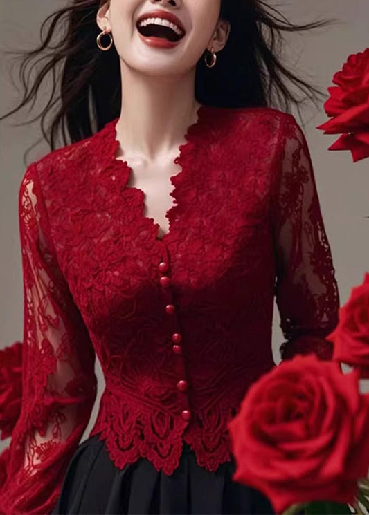 French Red V Neck Slim Fit Lace Shirt Tops Spring