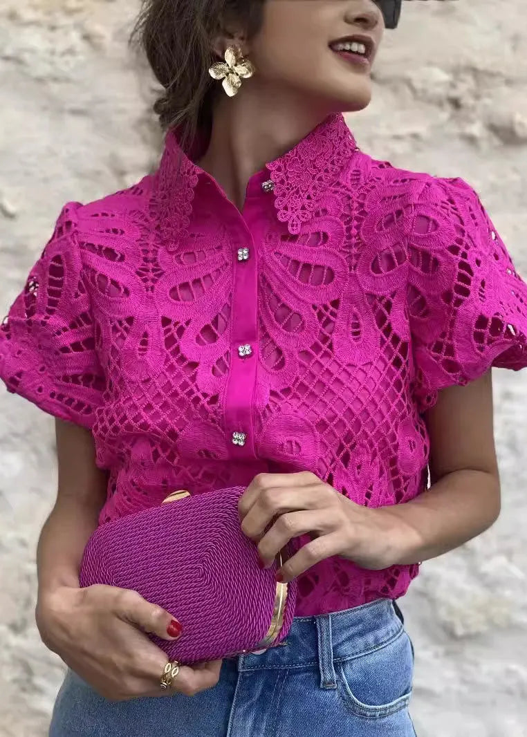 White Peter Pan Collar Hollow Out Lace Blouse Top Summer