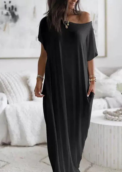 Simple White Slash Neck Cotton Long Dress Batwing Sleeve