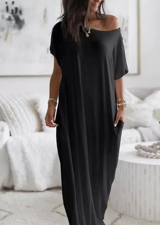 Simple White Slash Neck Cotton Long Dress Batwing Sleeve