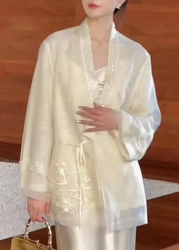 Beige V Neck Embroidered Lace Up Silk Cardigan Spring