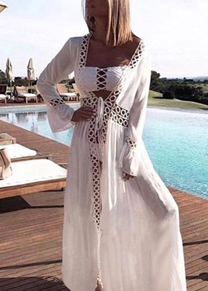 White V Neck Hollow Out Lace Up Cotton Cardigans Summer