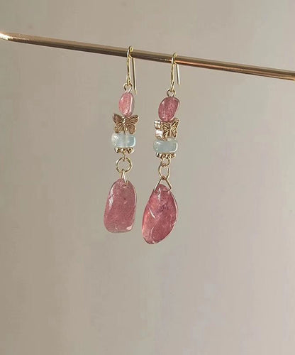 Pink Sterling Silver Overgild Crystal Butterfly Drop Earrings