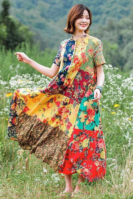 Print Splicing Short Sleeve 100% Cotton Dress