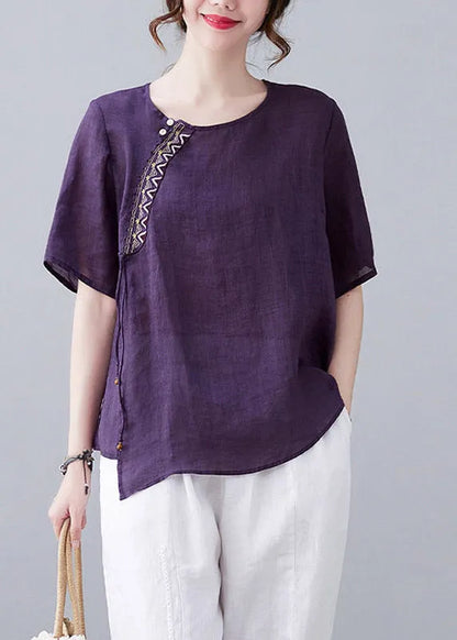 Purple O-neck Patchwork Linen T Shirt Short Sleeve
