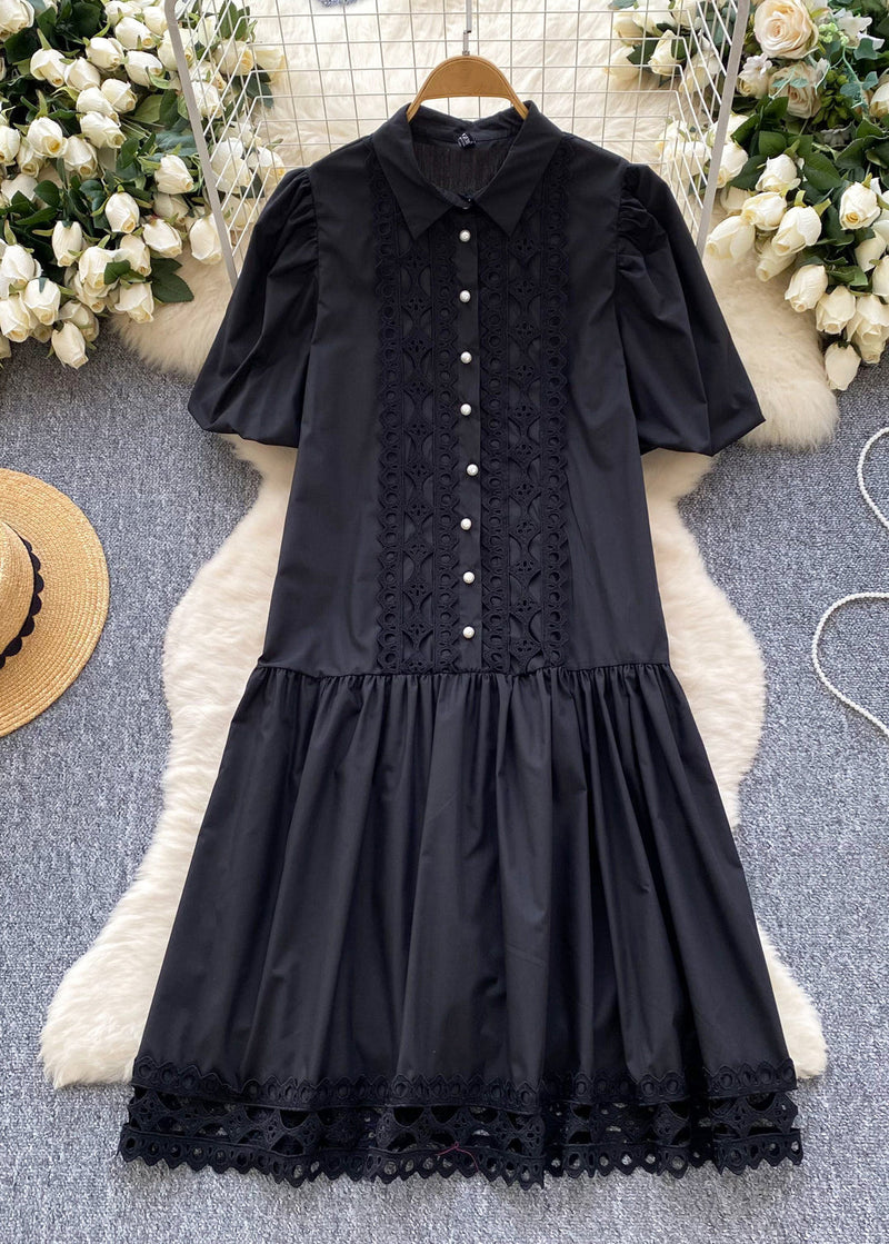 Rose Patchwork Lace Shirt Dress Lantern Sleeve