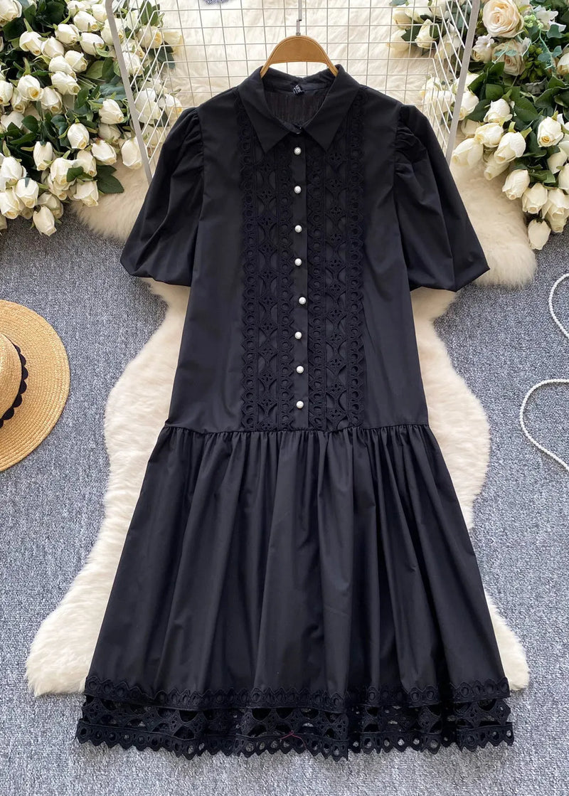 Rose Patchwork Lace Shirt Dress Lantern Sleeve
