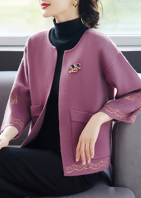 Purple O Neck Print Pockets Patchwork Wool Cardigan Fall
