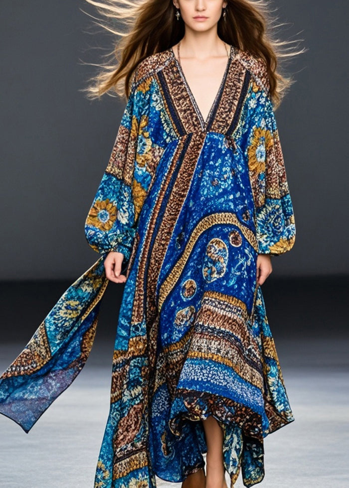 Blue Oversized Print Cotton Maxi Dresses Fall