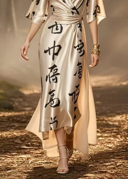 Champagne Print Draping Silk Cinched Dress Summer