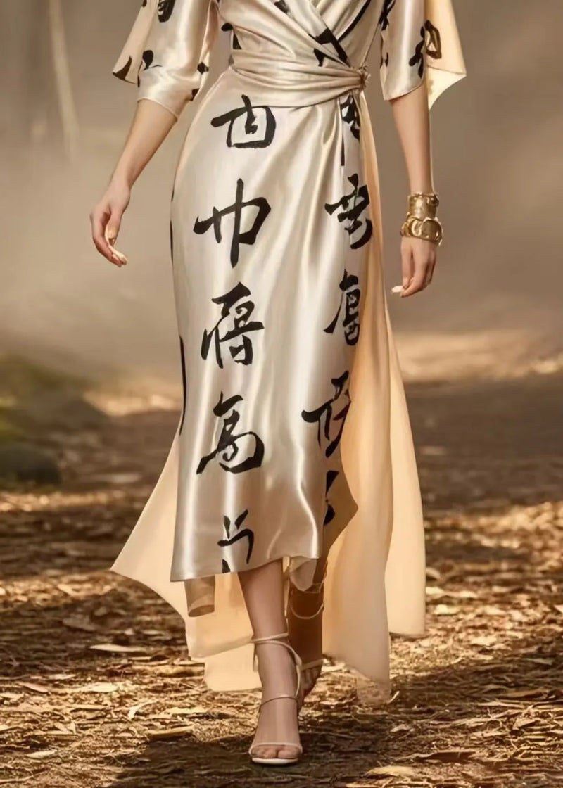 Champagne Print Draping Silk Cinched Dress Summer