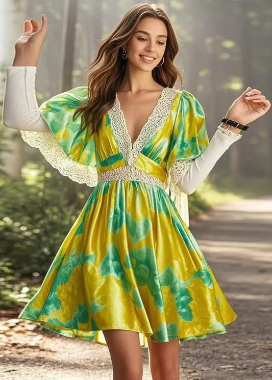 Yellow V Neck Print Lace Patchwork Silk Mid Dress Cloak Sleeves
