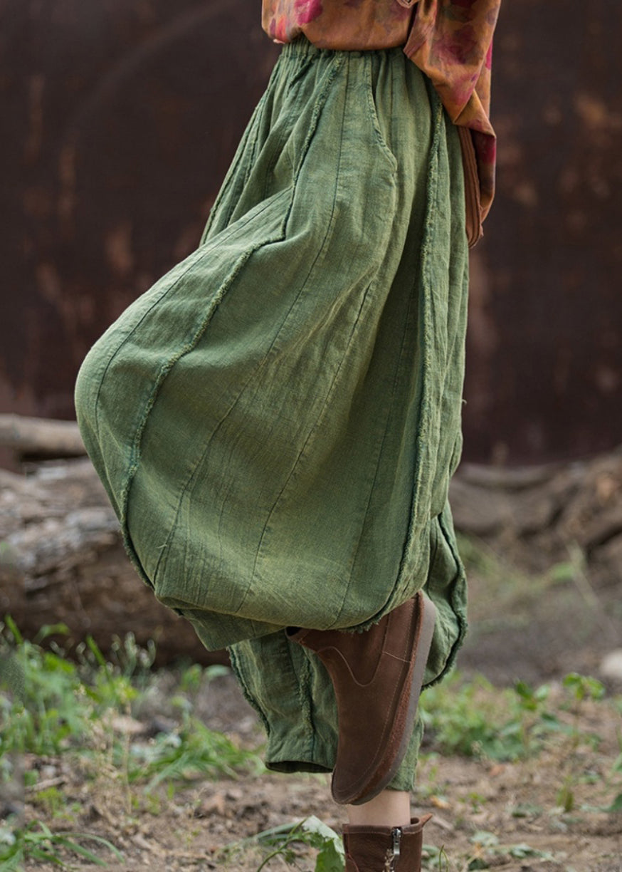 Green Linen Wide Leg Pants Elastic Waist