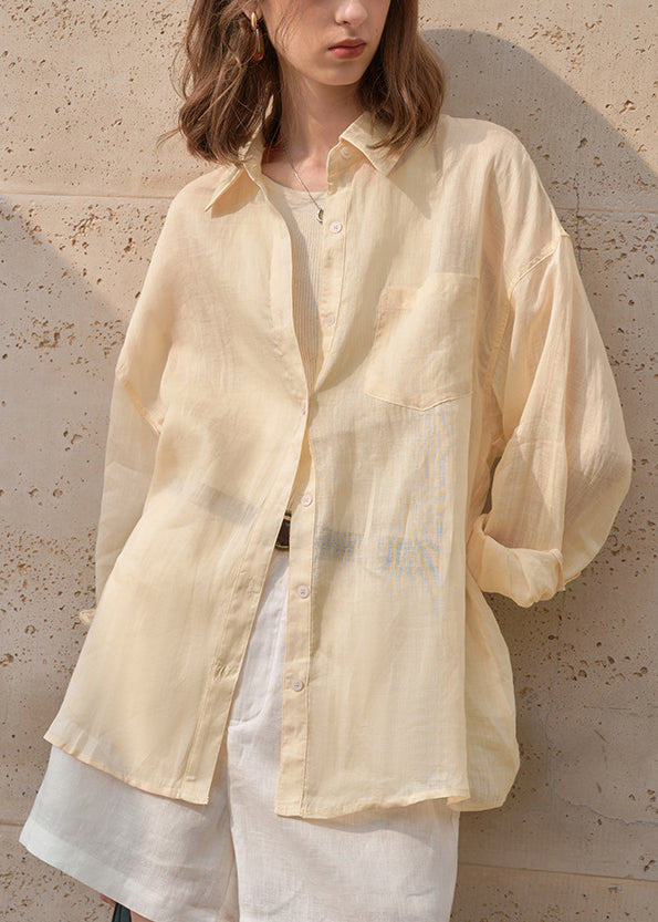 Apricot Peter Pan Collar Linen Thin Shirts Tops Summer